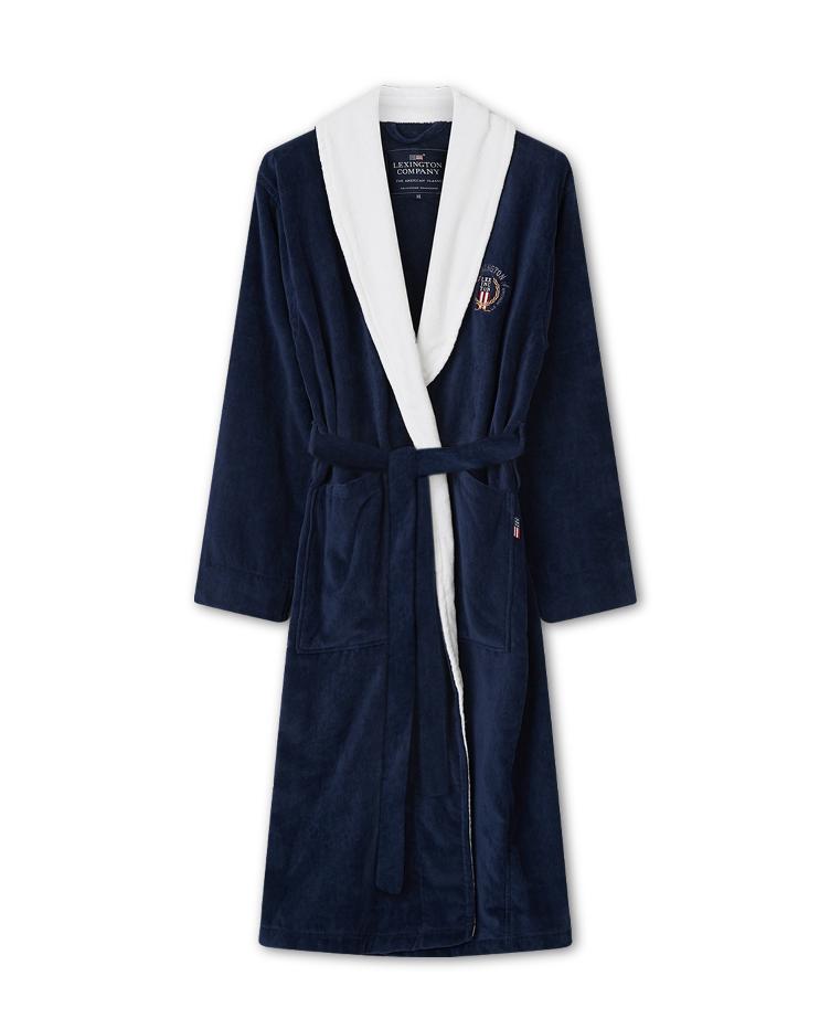 Lexington Cotton Velour Contrast Robe, Dress Blue/White L