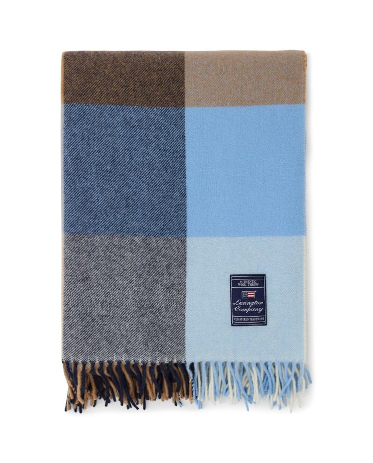 Checked Recycled Wool Throw, Blue/Mid Brown Multi 130x170