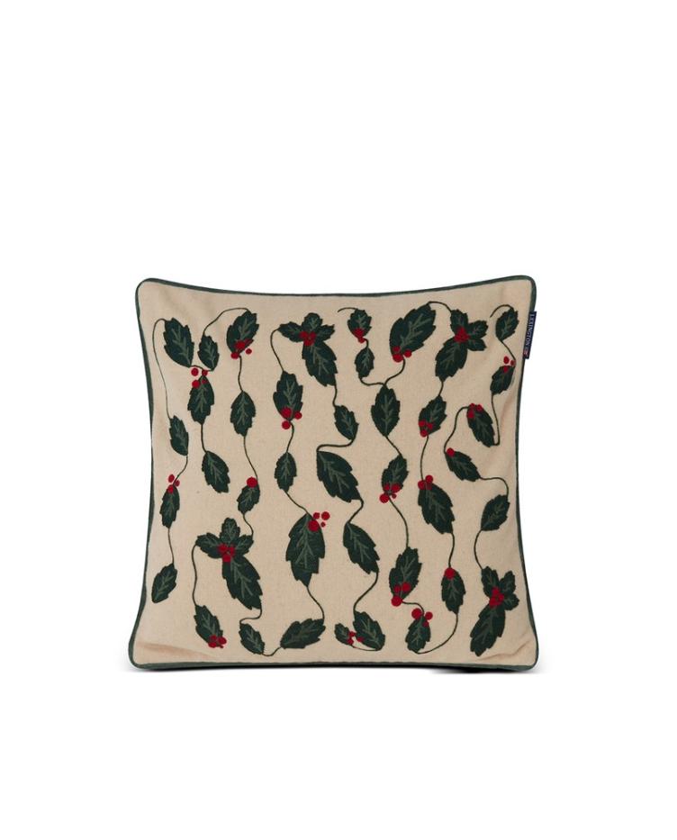 Holly Embroidered Wool Mix Pillow Cover, Light Beige/Green 50x50 - 1