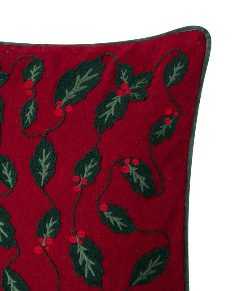 Holly Embroidered Wool Mix Pillow Cover, Red/Green 50x50