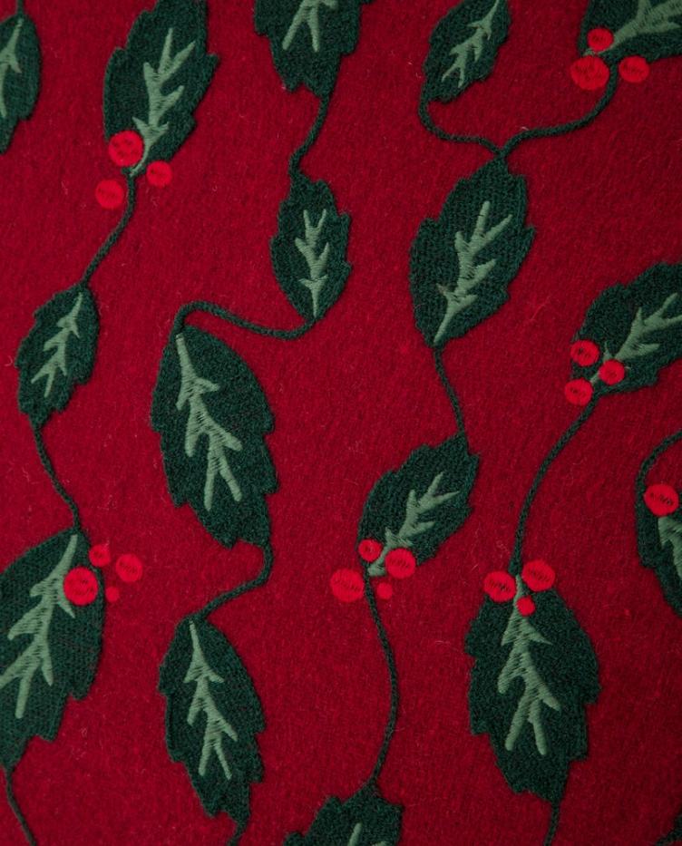 Holly Embroidered Wool Mix Pillow Cover, Red/Green 50x50 - 0
