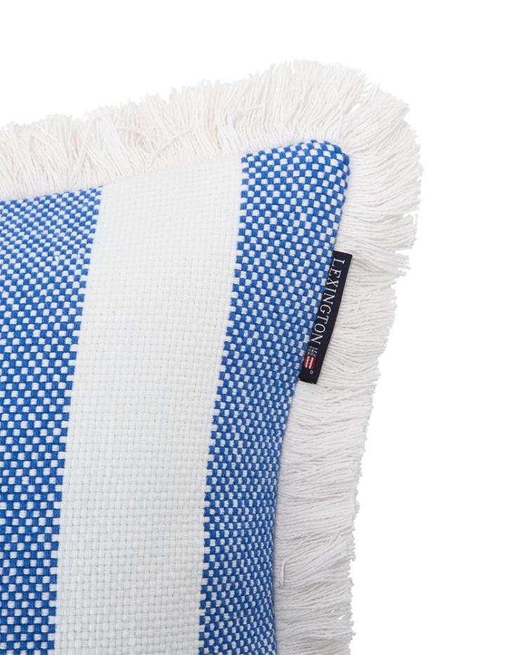 Kissenbezug aus bio-baumwolle mit blockstreifen und fransenbesatz, weiß/blau - 0