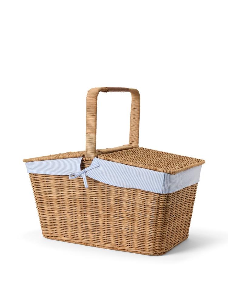 Picknickkorb aus rattan mit futter, blau/weiß