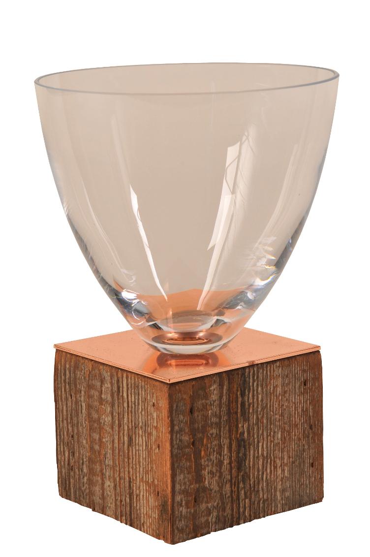 Vase, Glas, rund, mundgeblasen, auf Sockel Holz recycled Fichte/Tanne