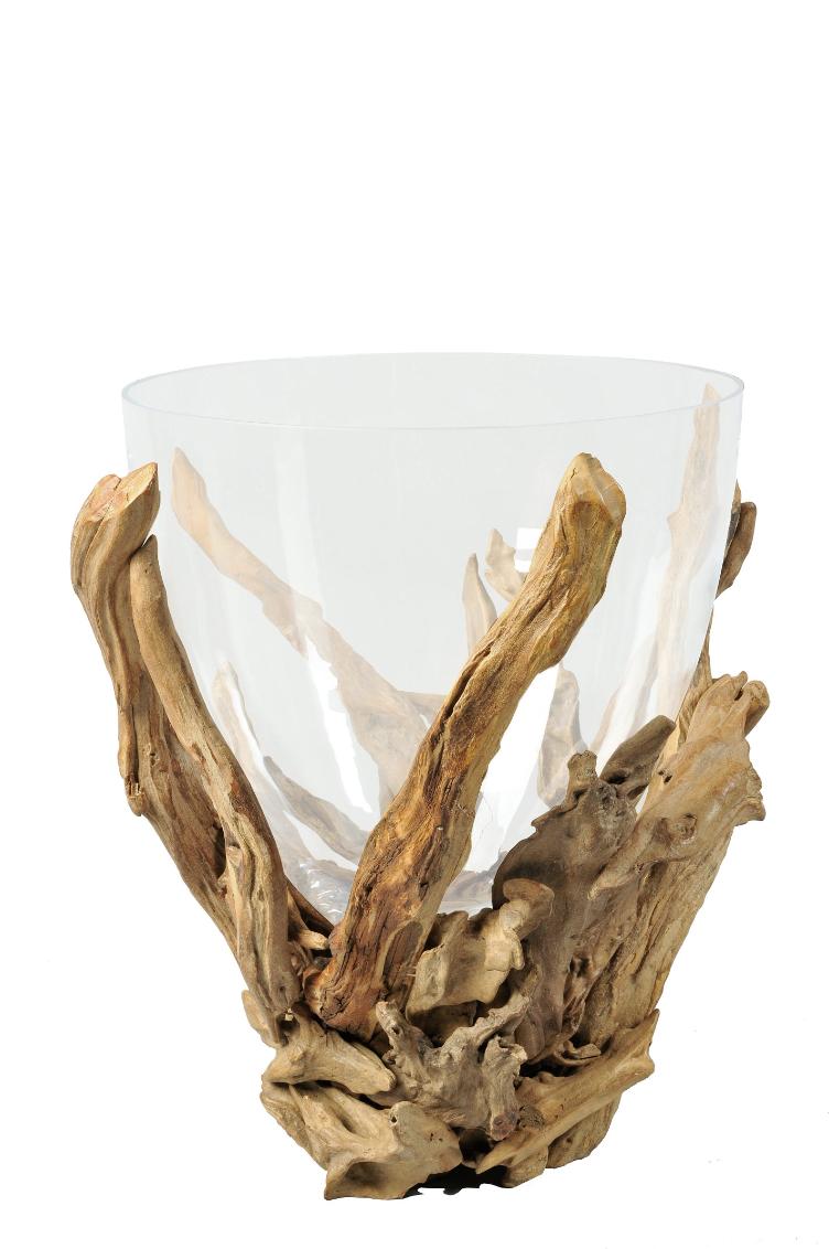 Vase, Glass mundgeblasen,rund auf Schwemmholzsockel
