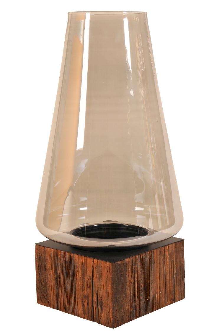 Windlicht,Glas mundgeblasen,rund auf recycled Holzsockel Fichte/Tanne