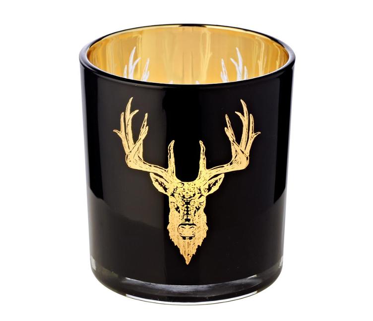 Teelichtglas Lio (Höhe 13 cm), schwarz & goldfarben, Hirsch-Motiv