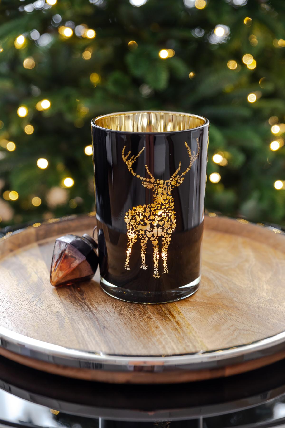 Teelichtglas Fancy (Höhe 18 cm), schwarz & goldfarben, Hirsch-Motiv