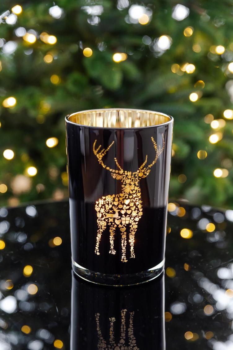 Teelichtglas Fancy (Höhe 18 cm), schwarz & goldfarben, Hirsch-Motiv - 0