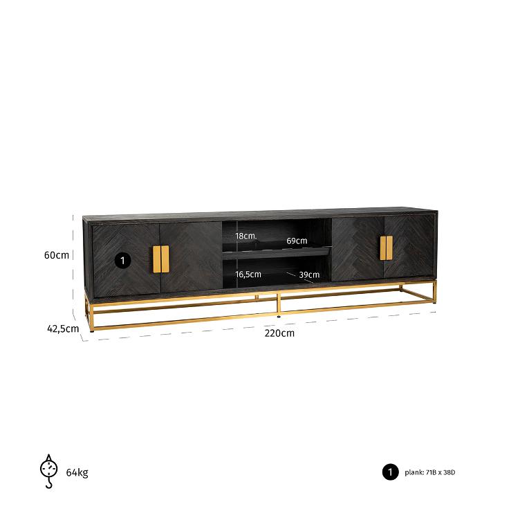 Fernsehboard / Lowboard 220 Blackbone gold 4-Türen - 0