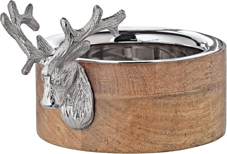 Schale Flaschenuntersetzer Hirsch, Mangoholz, Aluminium vernickelt, Länge 18 cm, Breite 13 cm