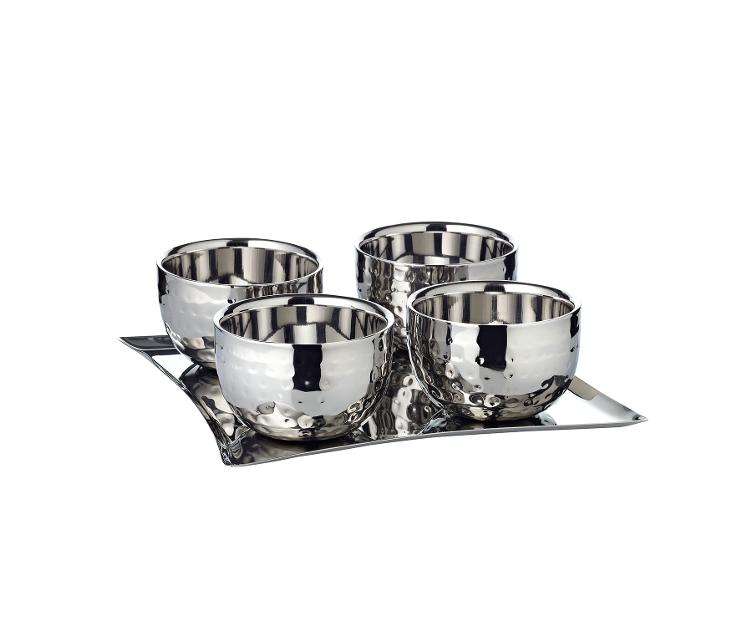 Dessert Schalen Set Madeleine (20 x 20 cm), doppelwandig, Edelstahl hochglanzpoliert, inkl. Tablett - 1